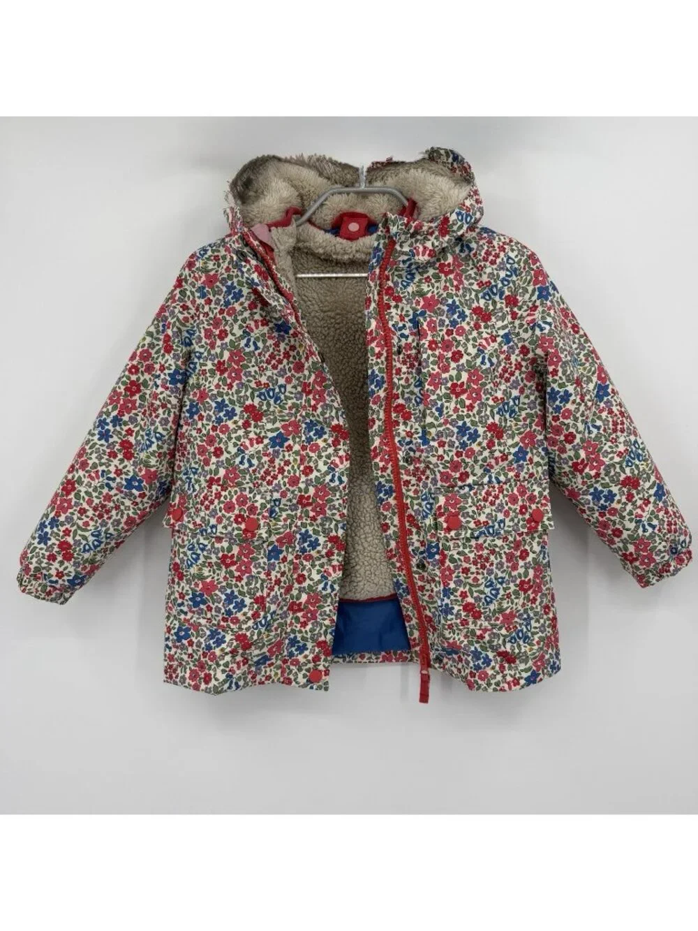 Mini Boden Girls Floral Hooded 4n1 Waterproof Coat w/ Removable Sherpa Vest 6-7